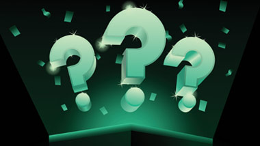 box opening up, glowing green inside with question marks coming out